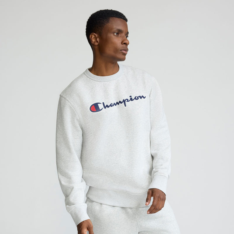 Champion Powerblend Crewneck Sweatshirt, Classic Script Logo in Platinum Silver Heather