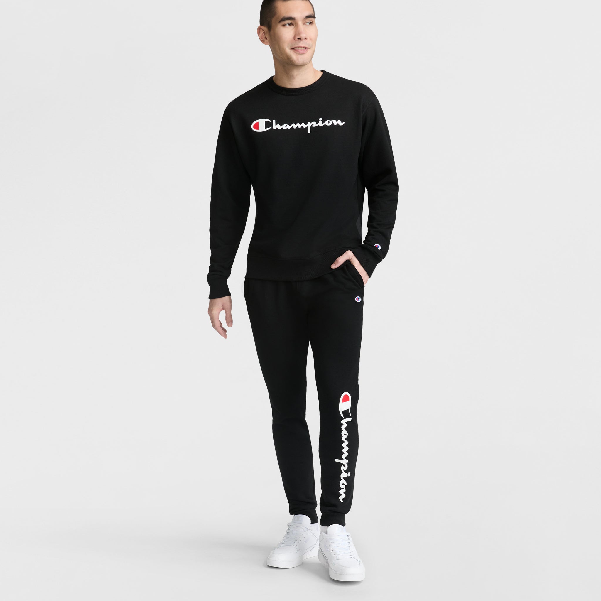 Champion Powerblend Crewneck Sweatshirt, Classic Script Logo in Black