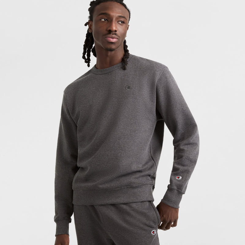 Champion Powerblend Crewneck Sweatshirt, C Logo in Granite Heather