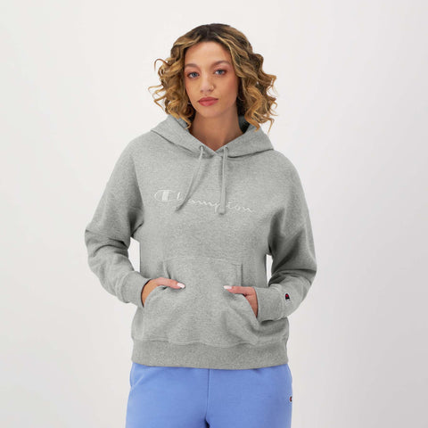 Champion Powerblend Hoodie, Relaxed, Full Embroidered Script Logo in New Manhattan Mist Heather