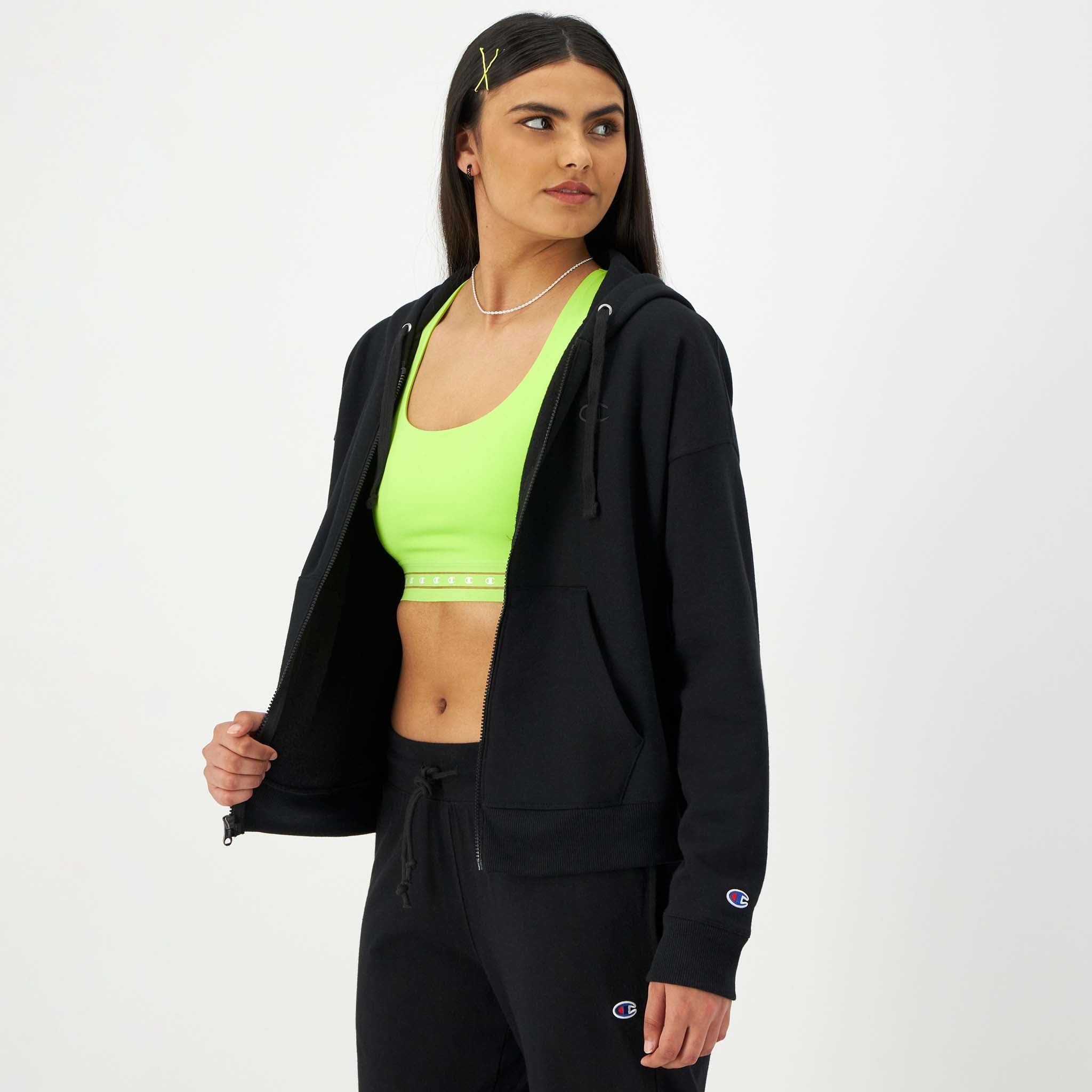 Champion Powerblend Zip-Up Hoodie, C Logo in Black