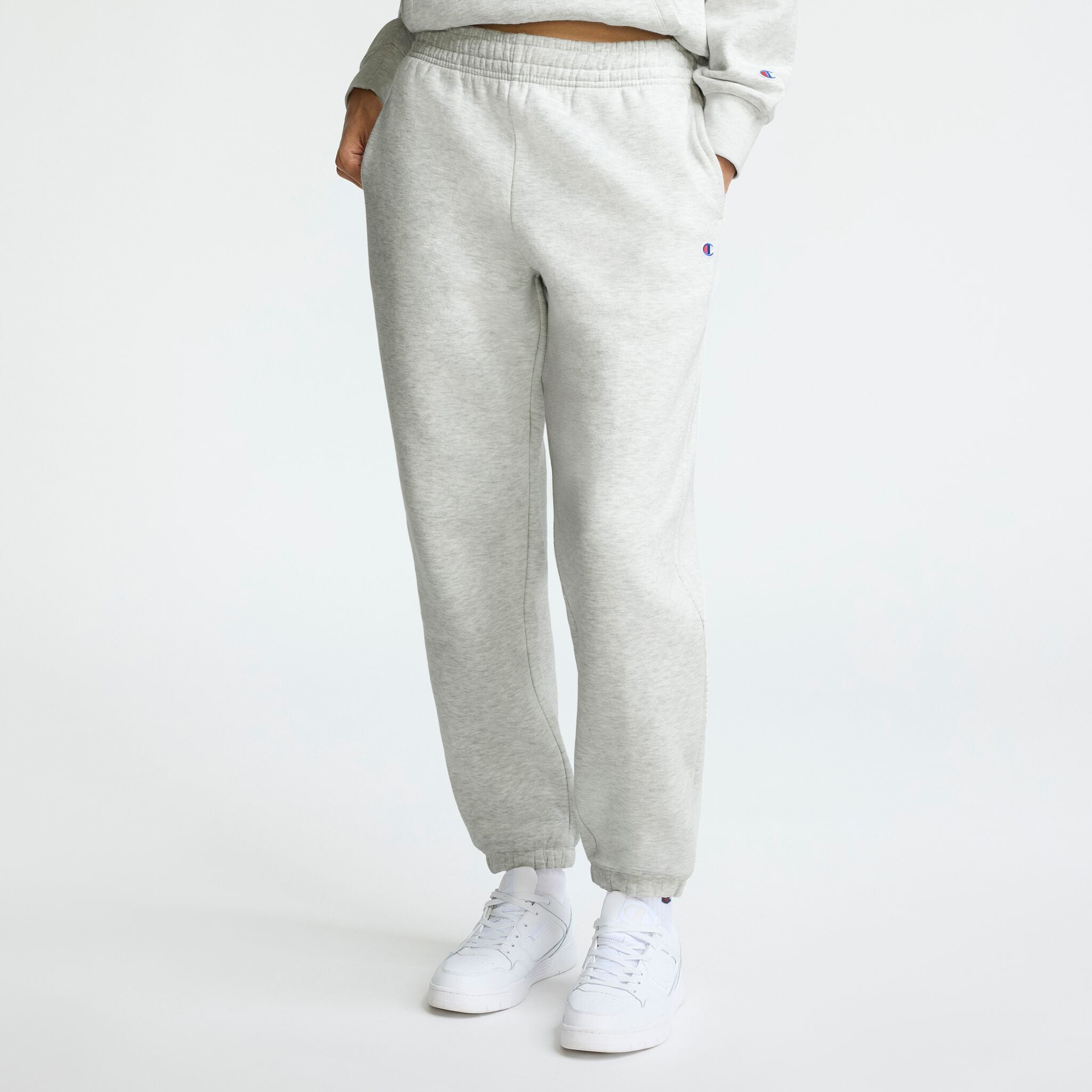 Champion Powerblend Oversized Sweatpants, C Logo in Platinum Silver Heather
