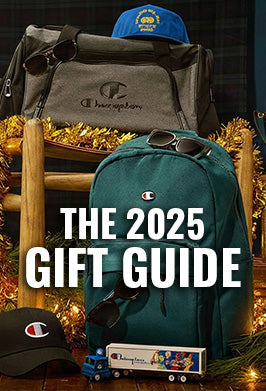Promotional image for 'The 2025 Gift Guide' featuring Champion branded items including bags and hats.